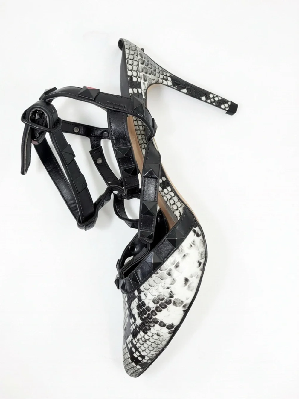 Mix No. 6 Black White Snakeskin Print Strappy Studded Pumps Heels - Size 8